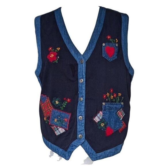 Vintage Victoria Jones Cotton Patch Button Vest Size M Blue Lined Plaid Hearts - Picture 7 of 9